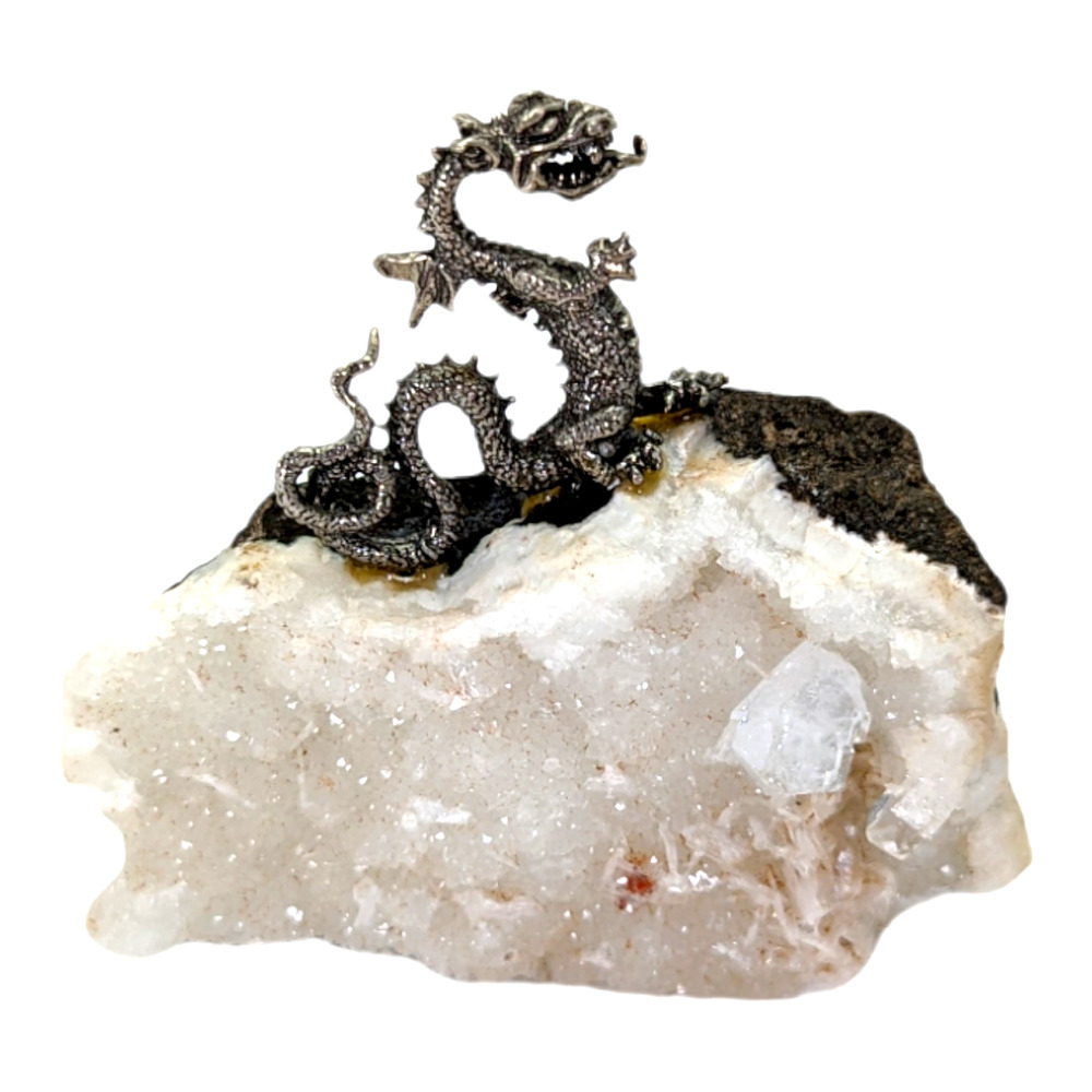 Vintage Pewter Dragon On Quartz Crystal Black Rock White Veining